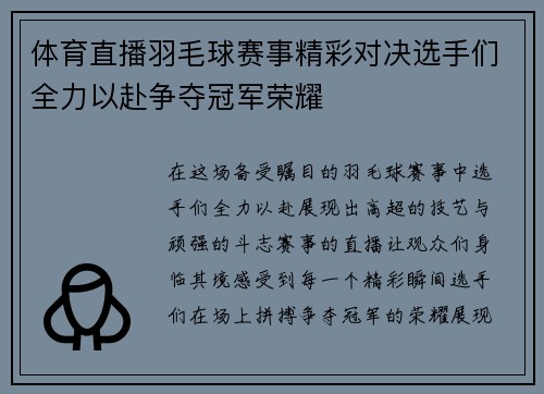 体育直播羽毛球赛事精彩对决选手们全力以赴争夺冠军荣耀