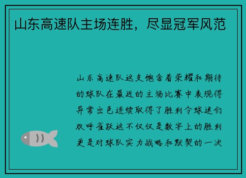 山东高速队主场连胜，尽显冠军风范