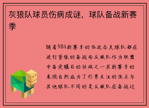 灰狼队球员伤病成谜，球队备战新赛季
